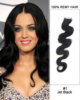 14” #1 Jet Black Body Wave 100% Remy Hair Tape In Hair Extensions-20pcs